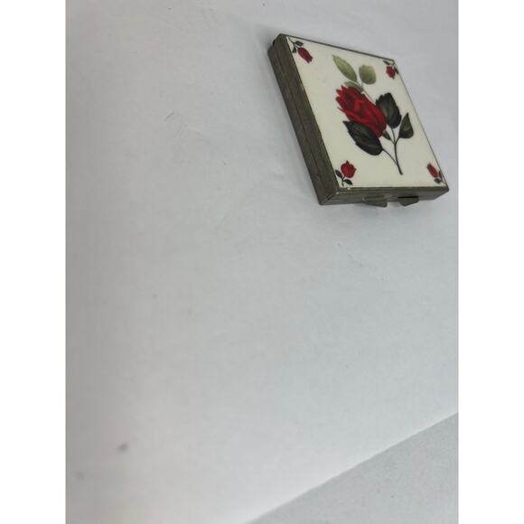 Vintage Square Double Mirror Compact w/Painted Porcelain Roses on Cover - Picture 2 of 5